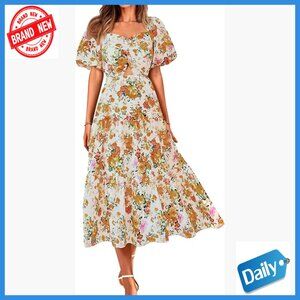 Women's Maxi Dress Short Sleeve Smocked Back Boho Floral Summer Casual